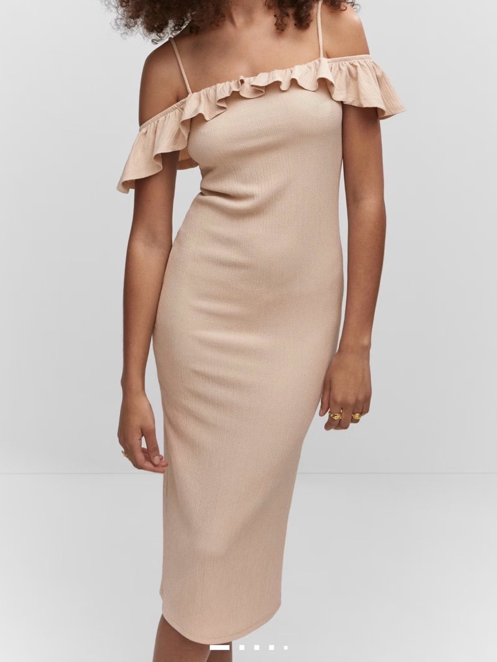Mango Tan Spaghetti Straps Ruffle Midi